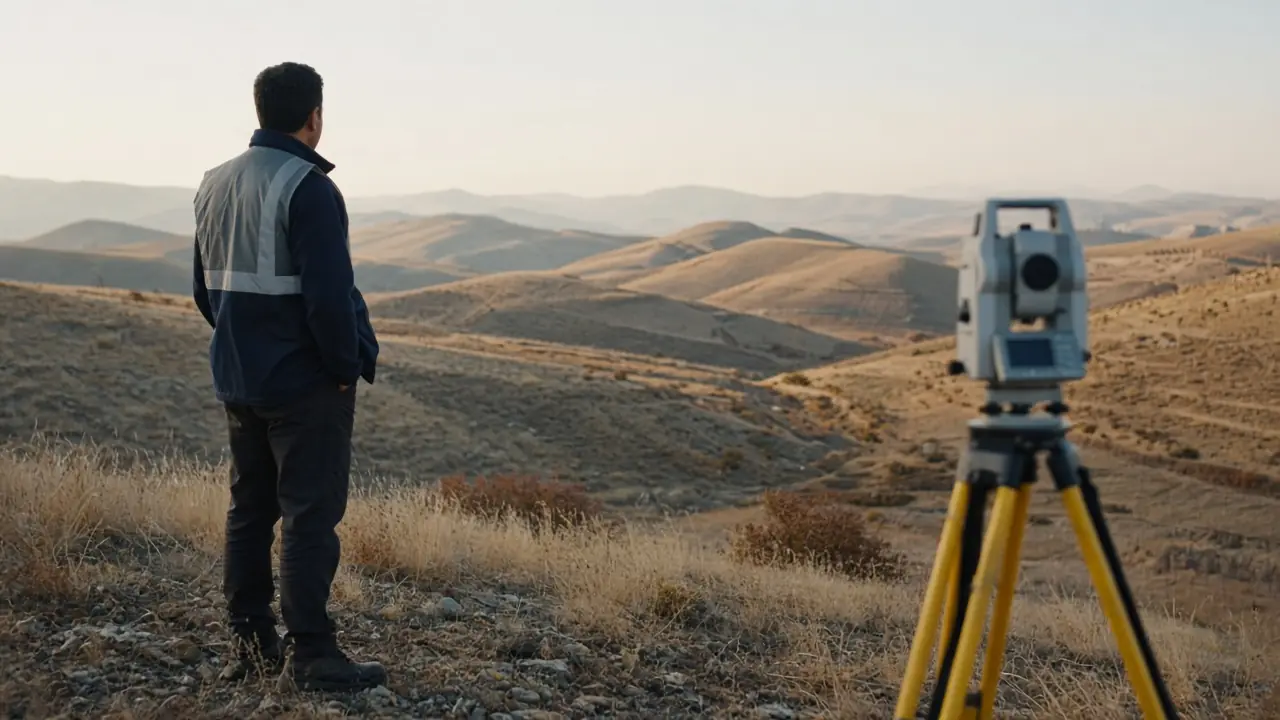 Tepelik arazide, yüzü görünmeyen bir ölçüm elemanı ve tripod üzerindeki ölçüm aleti.